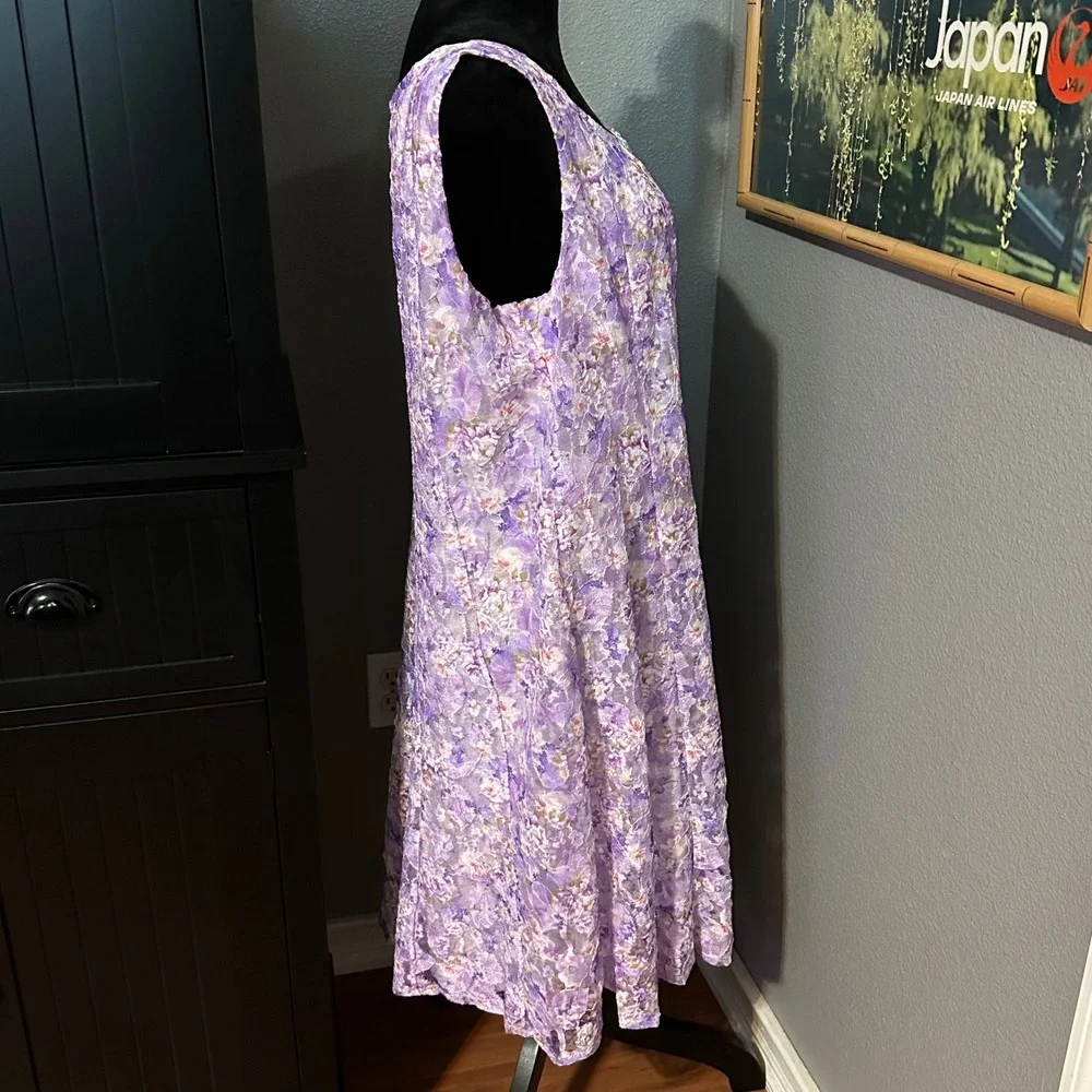 Perceptions XL Purple Floral Lace‎ Dress Sleeveless Fit Flare Lined Cottagecore